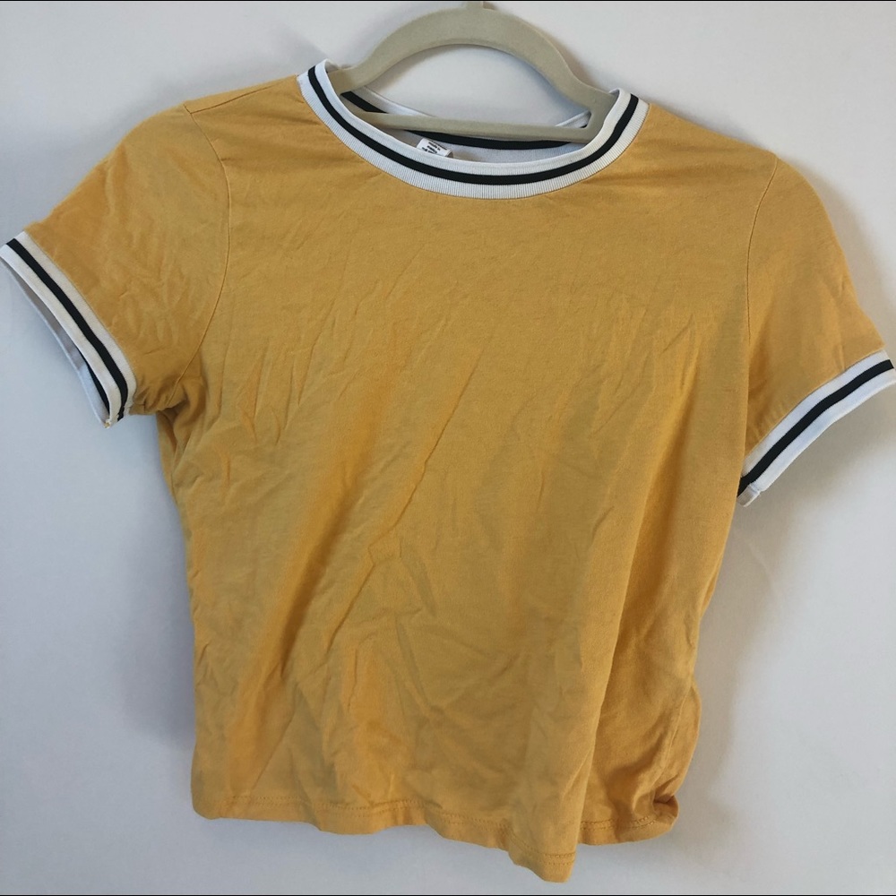 mustard yellow t-shirt with stripes